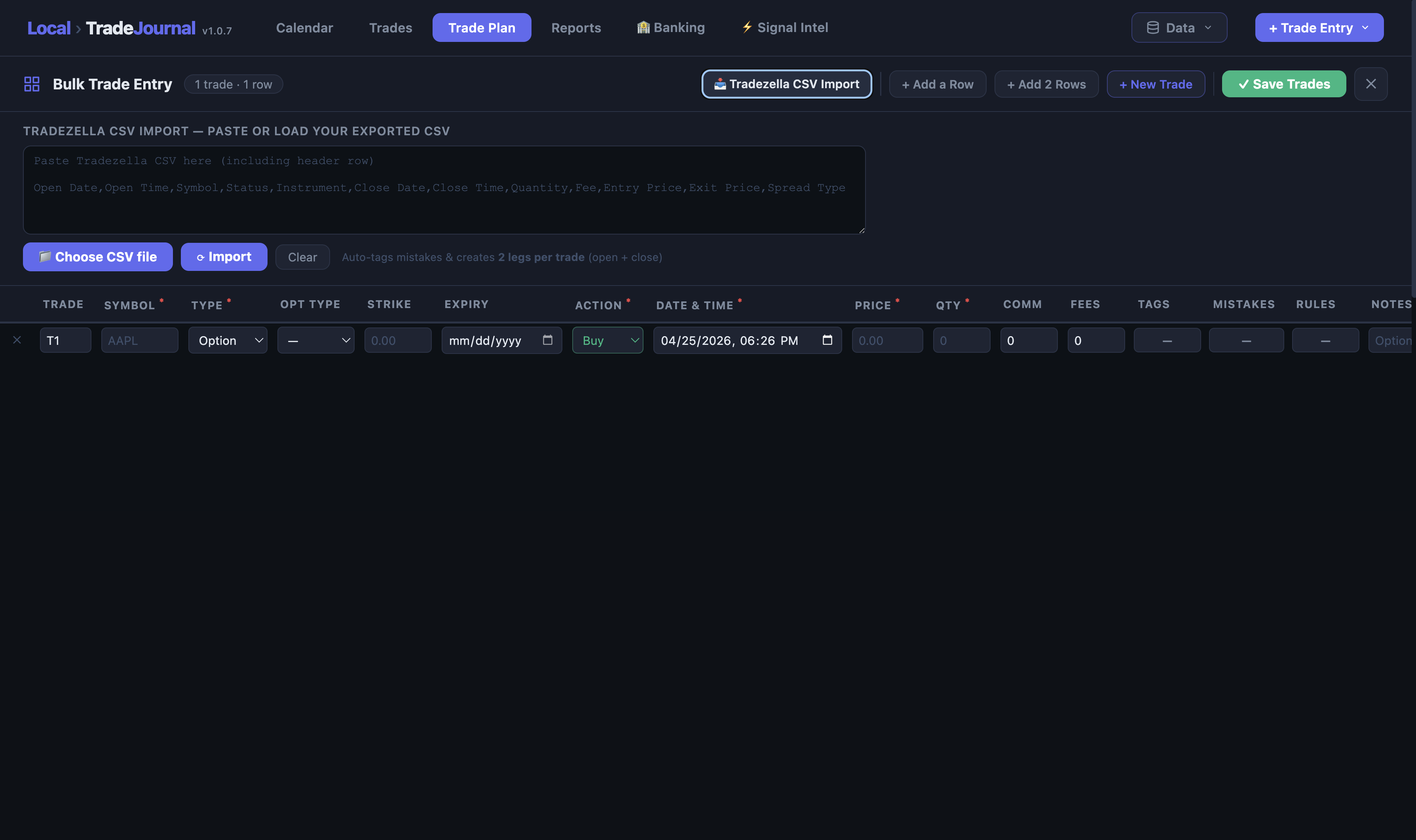 Bulk trade entry with Tradezella CSV import