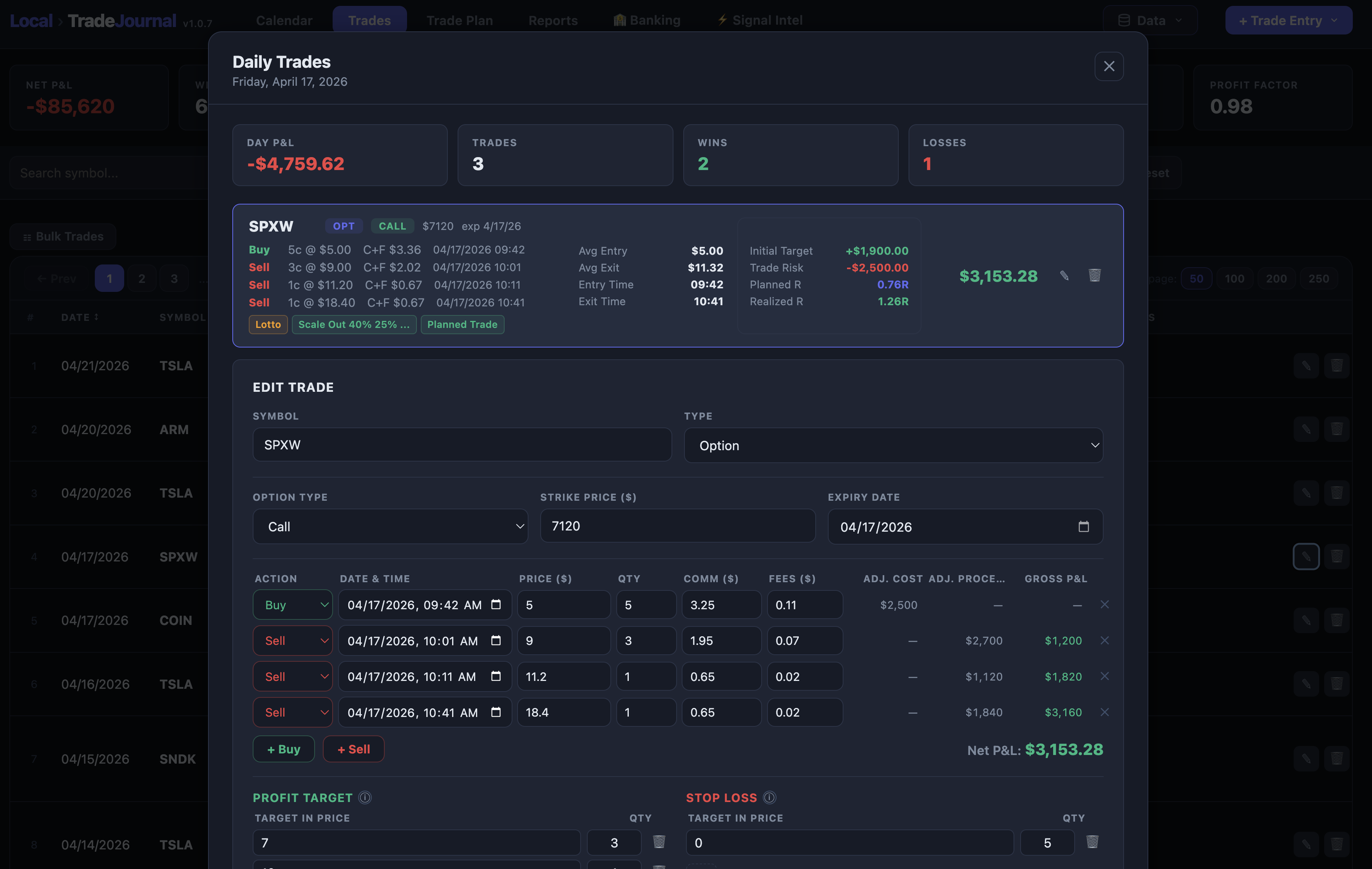 Daily Trades modal with multi-leg trade entry