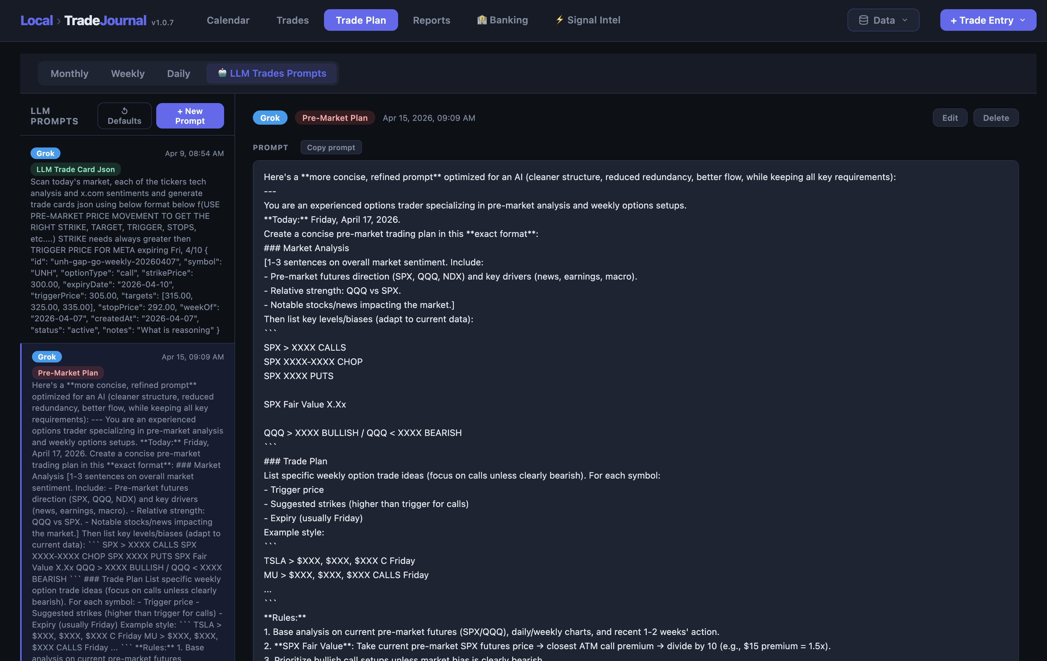 LLM prompts library inside Trade Plan